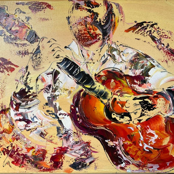 Toile, Peinture, Tableau,  musique musicien,  guitare guitariste 55x46cm, V.Linard, Œuvre Originale