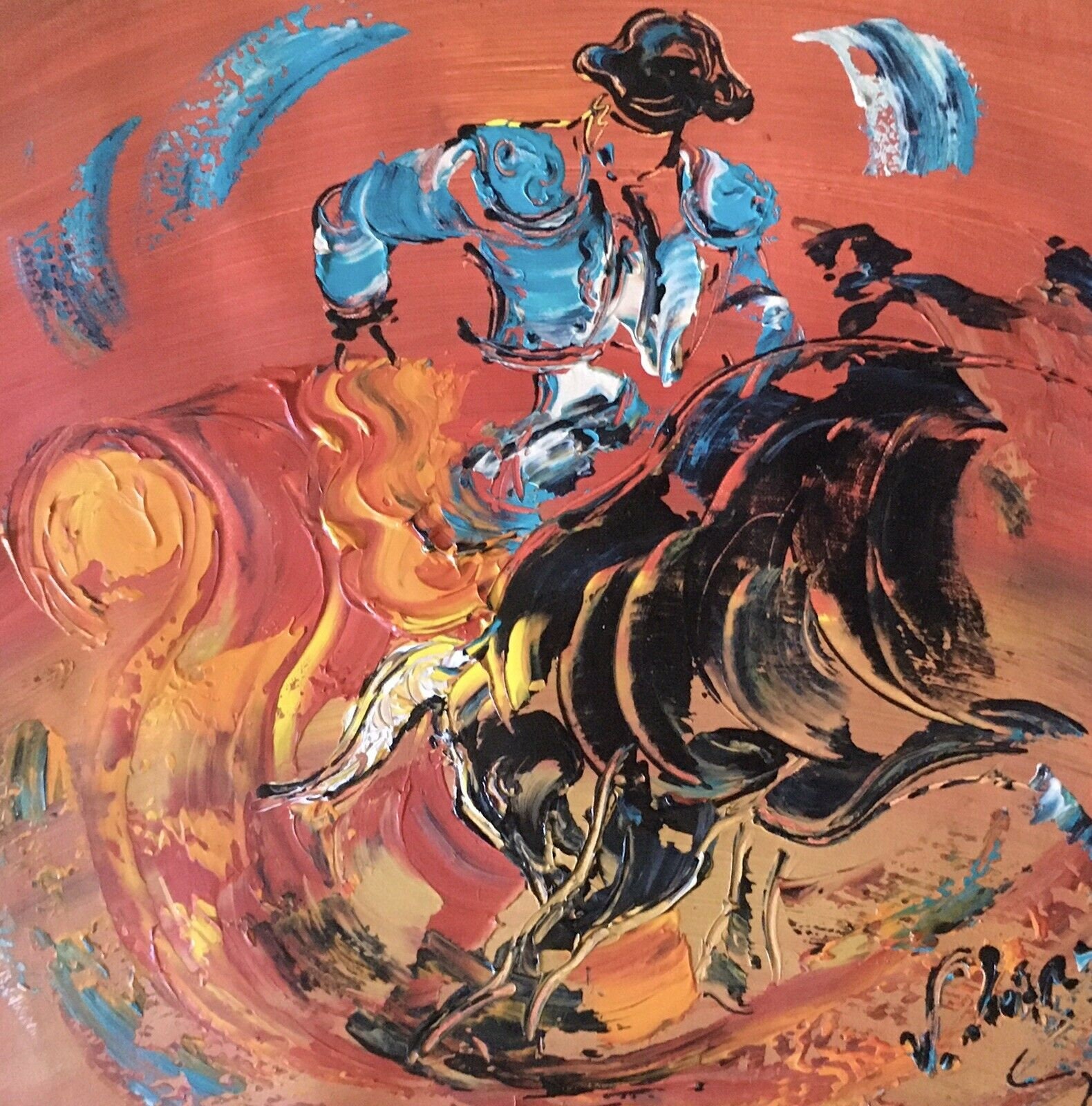 Toile, Peinture, Tableau, Corrida, Tauromachie, 40x40cm, V.linard, Œuvre Originale