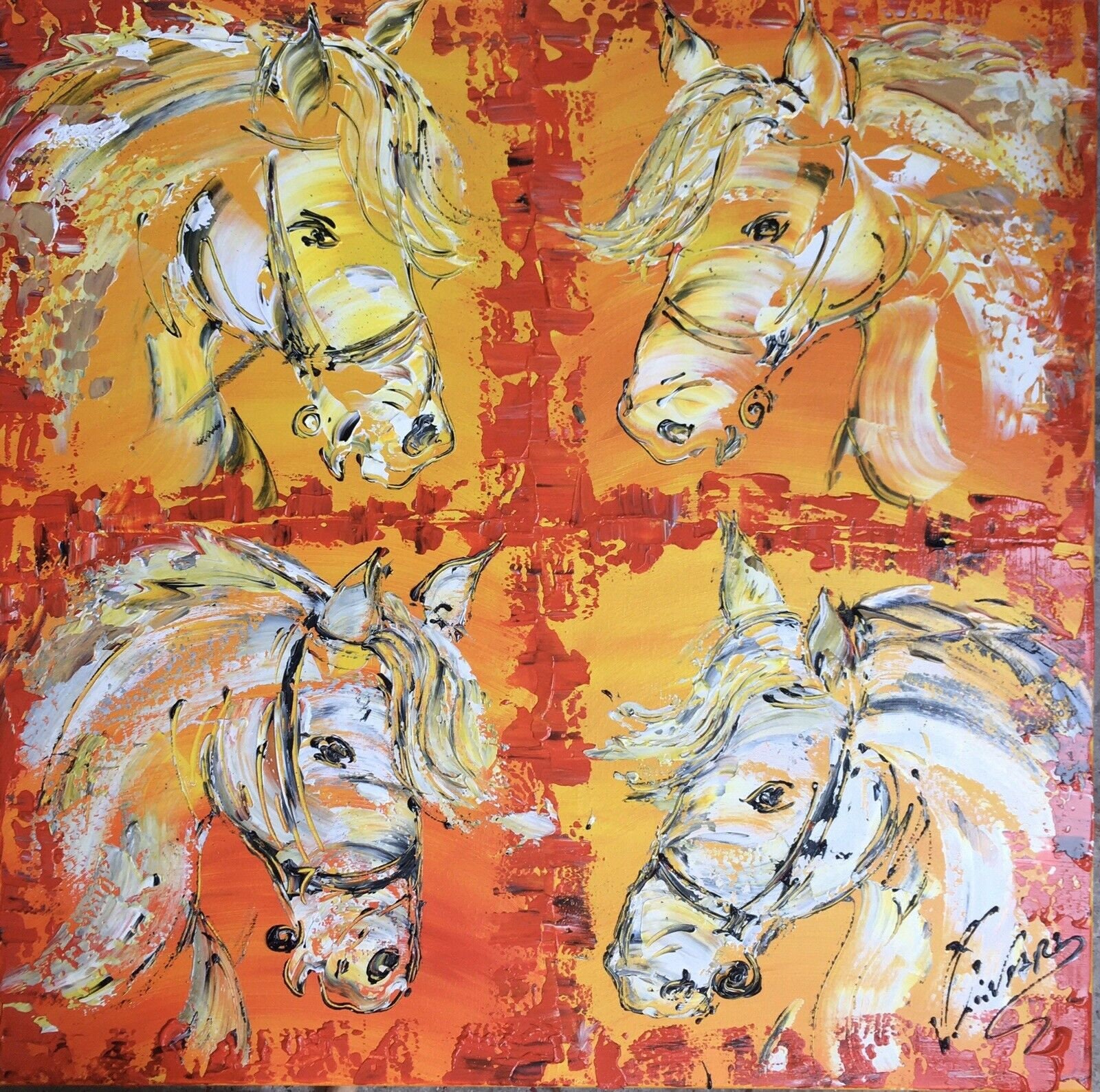 Toile, Peinture, Tableau, Cheval, Chevaux, 80x80cm, V.linard, Œuvre Originale