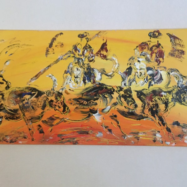 Toile, Tableau Peinture Camargue Chevaux Taureaux Manade 40x80cm V.Linard, Œuvre Originale