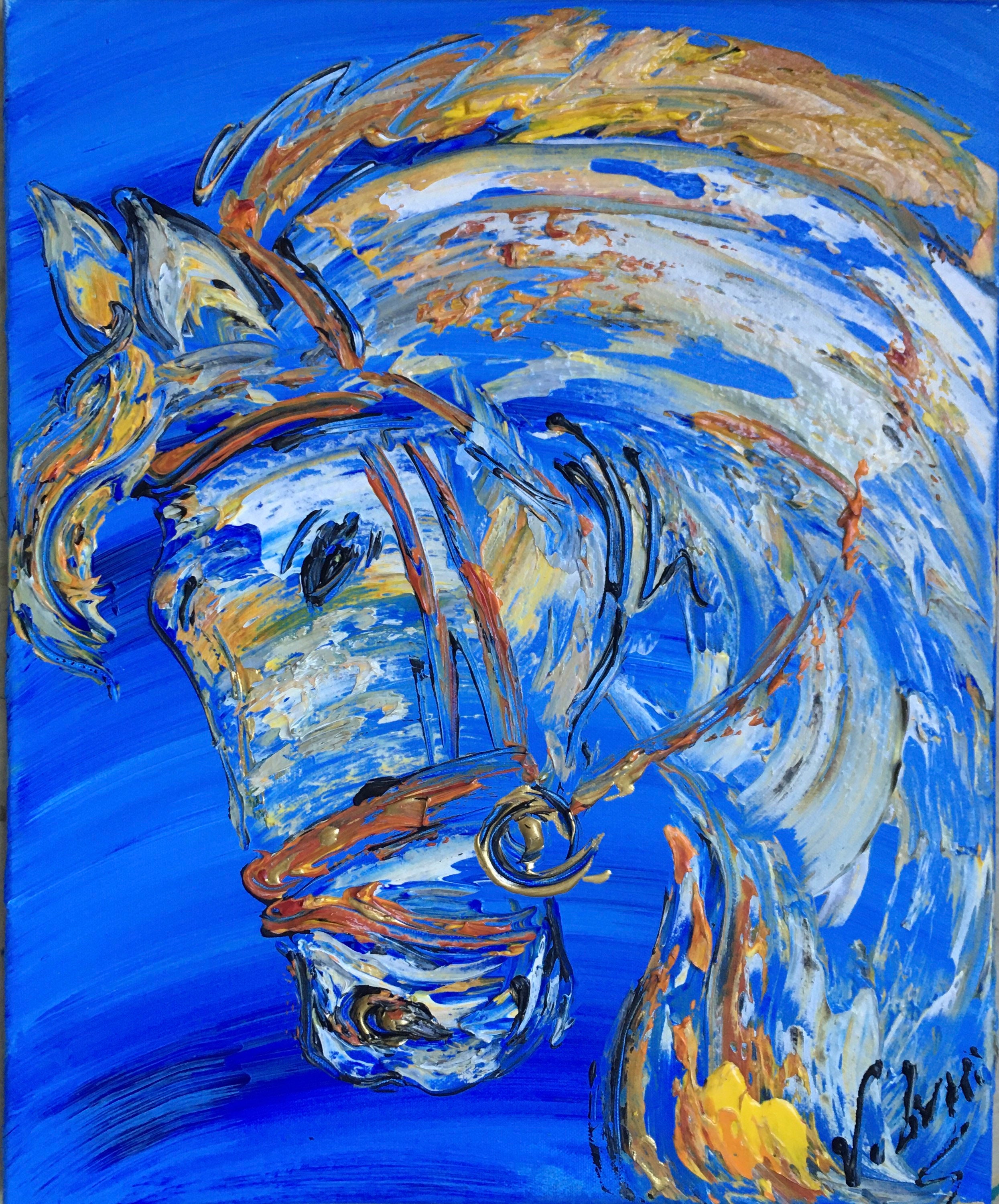 Toile, Tableau Peinture Équitation Cheval Blanc 46x38cm V.linard, Œuvre Originale