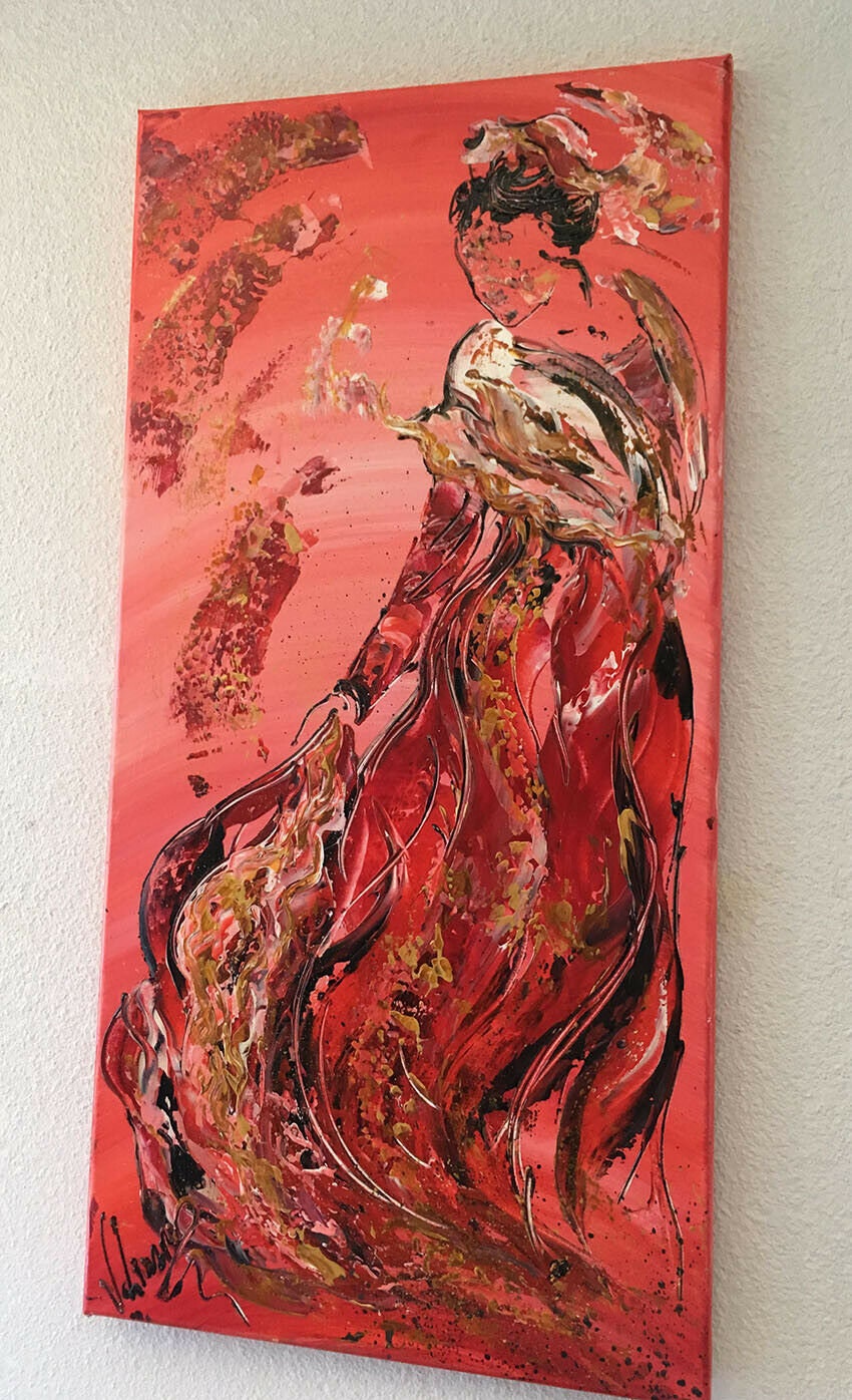 Toile Peinture Tableau Arlésienne en Robe Rouge, 40x80cm, Œuvre Originale