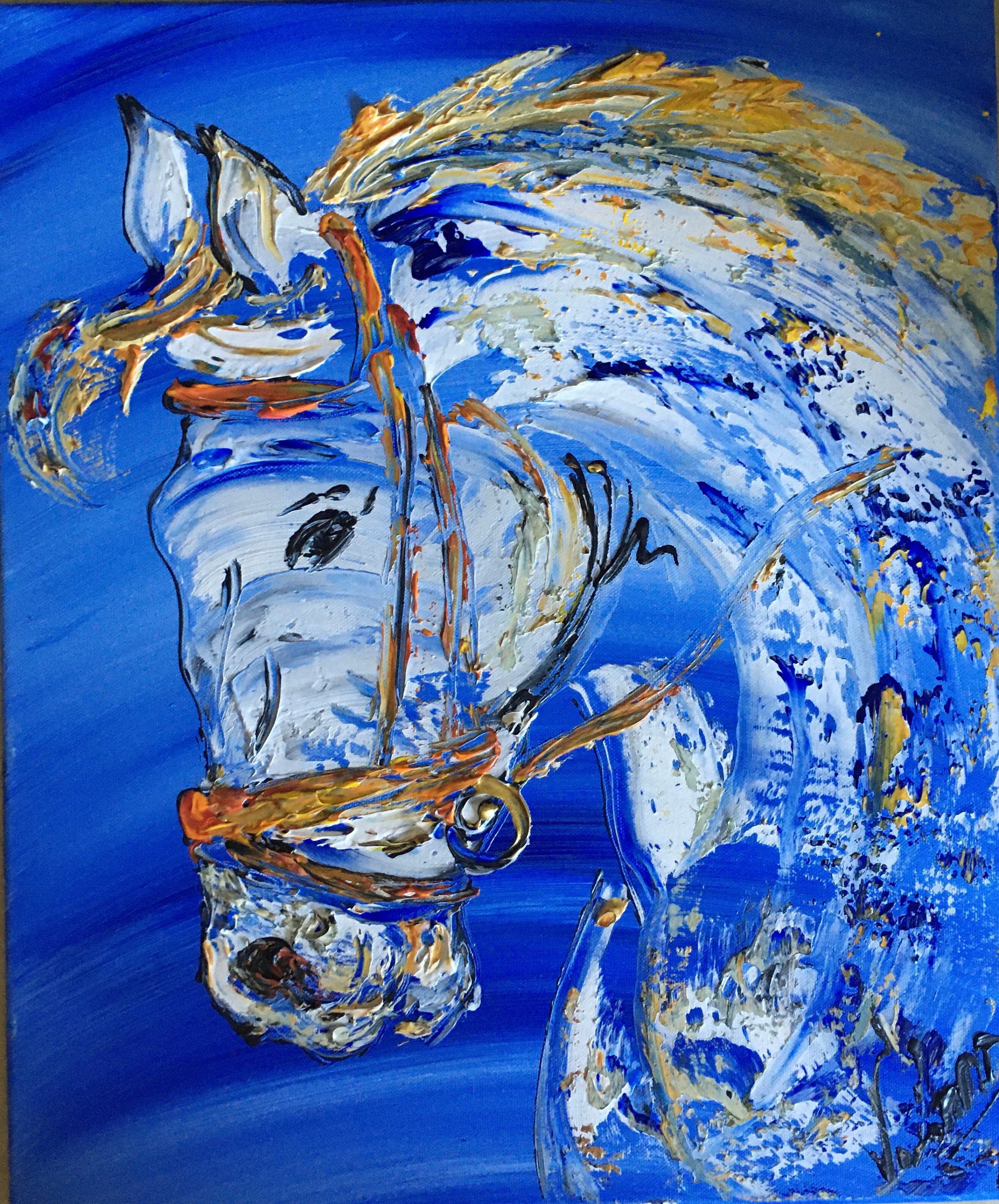 Toile, Tableau Peinture Équitation Cheval Blanc 46x38cm V.linard, Œuvre Originale