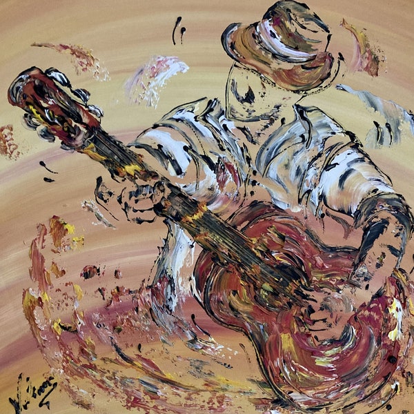 Toile, Peinture, Tableau,  musique musicien Guitare Guitariste 50x50 cm, V.Linard, Œuvre Originale