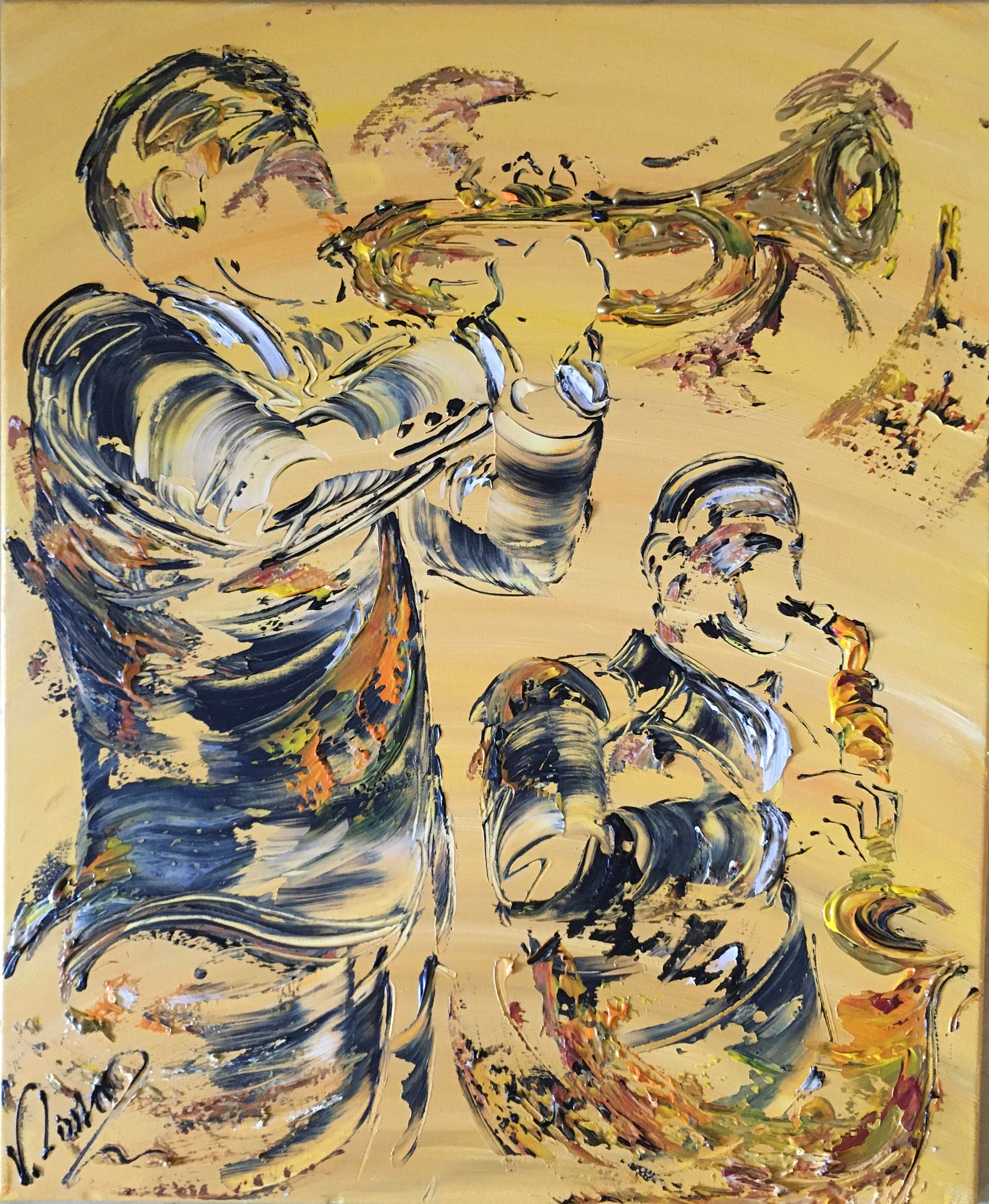 Toile, Peinture, Tableau, Musicien, Saxophone, Trompette 65x50cm, V.linard, Œuvre Originale