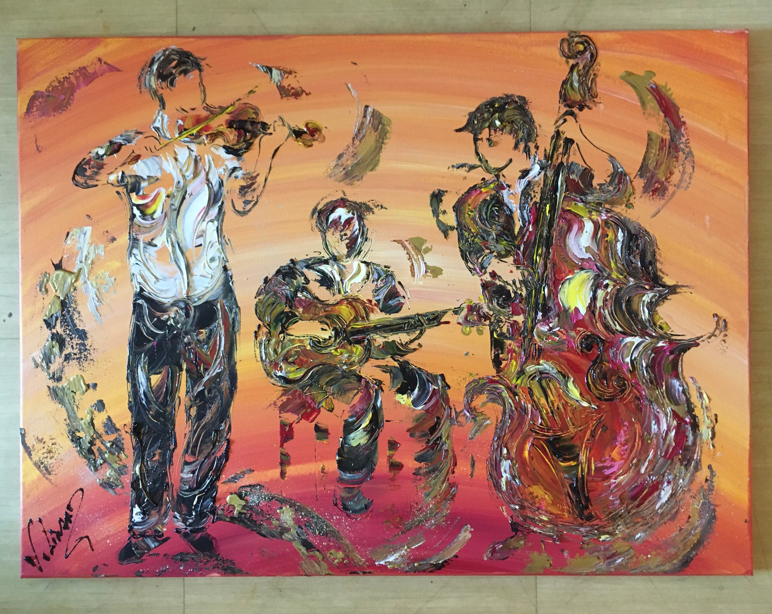 Toile, Tableau Peinture Musicien Musique Jazz Contrebasse Violon Guitare 81x60cm V.linard, Œuvre Ori
