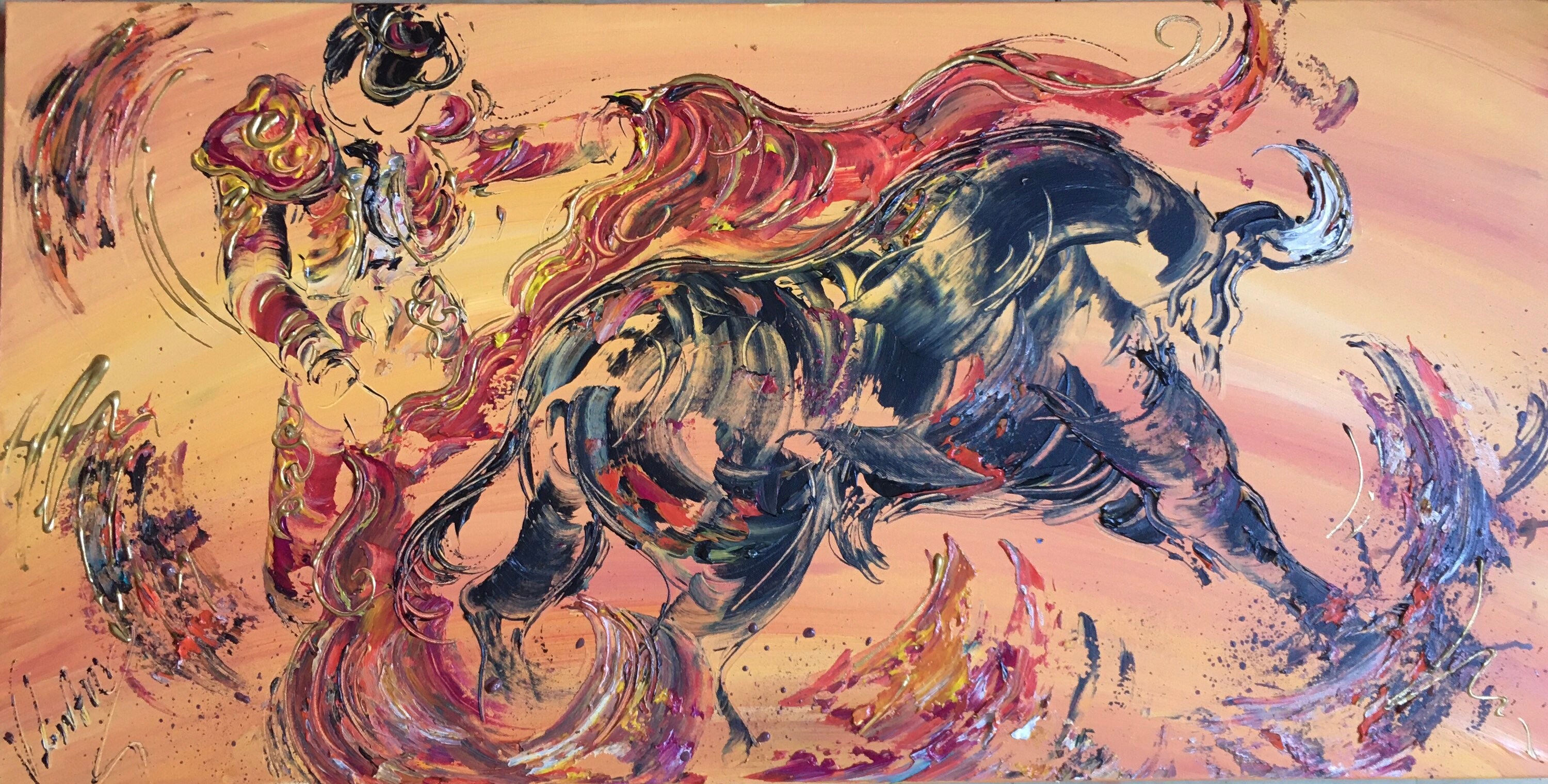 Toile, Peinture, Tableau, Corrida, Tauromachie, Taureau, Toro, 50x100cm, V.linard, Œuvre Originale