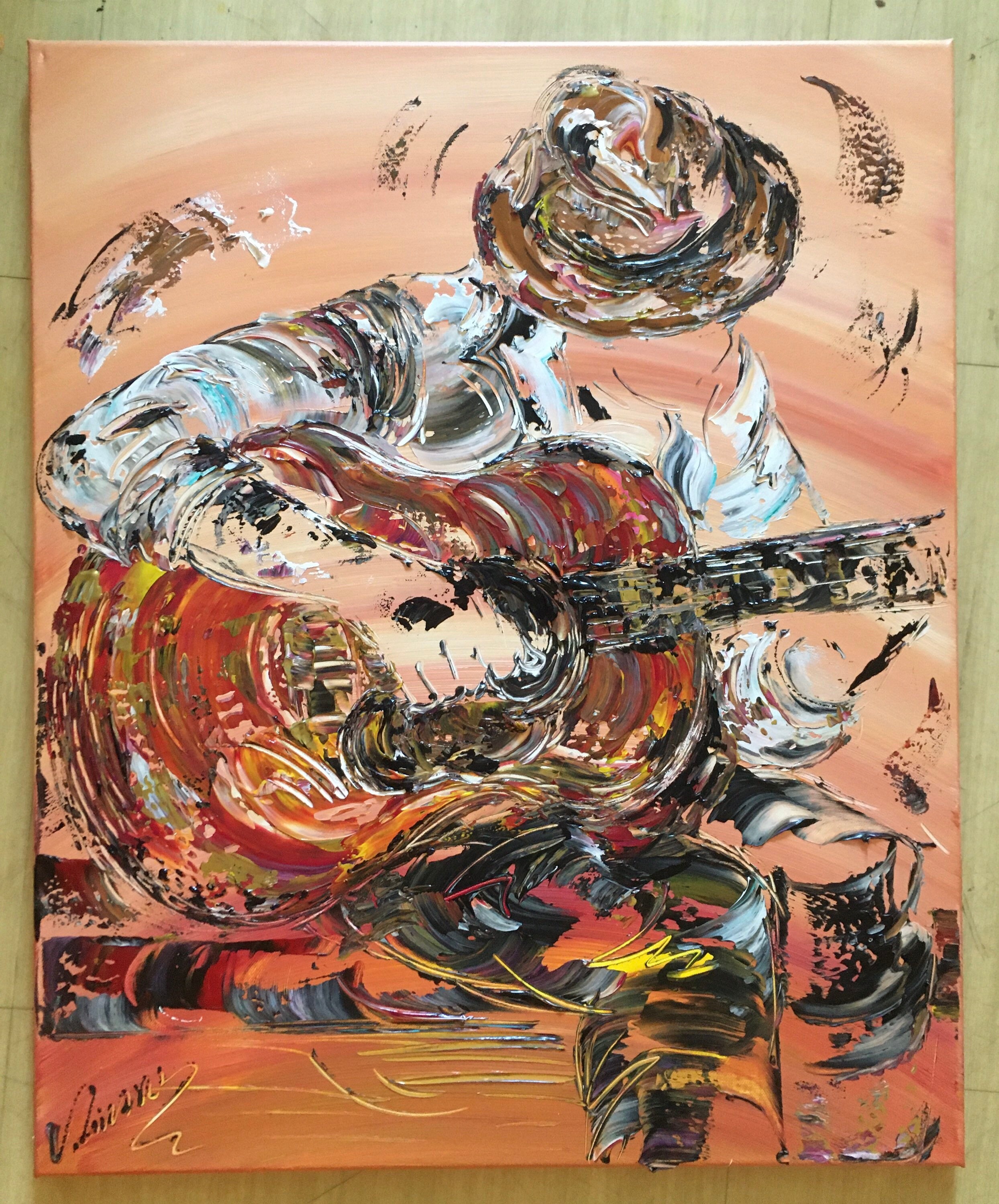 Toile, Tableau Peinture Musicien Musique Guitare Guitariste 61x50cm V.linard, Œuvre Originale