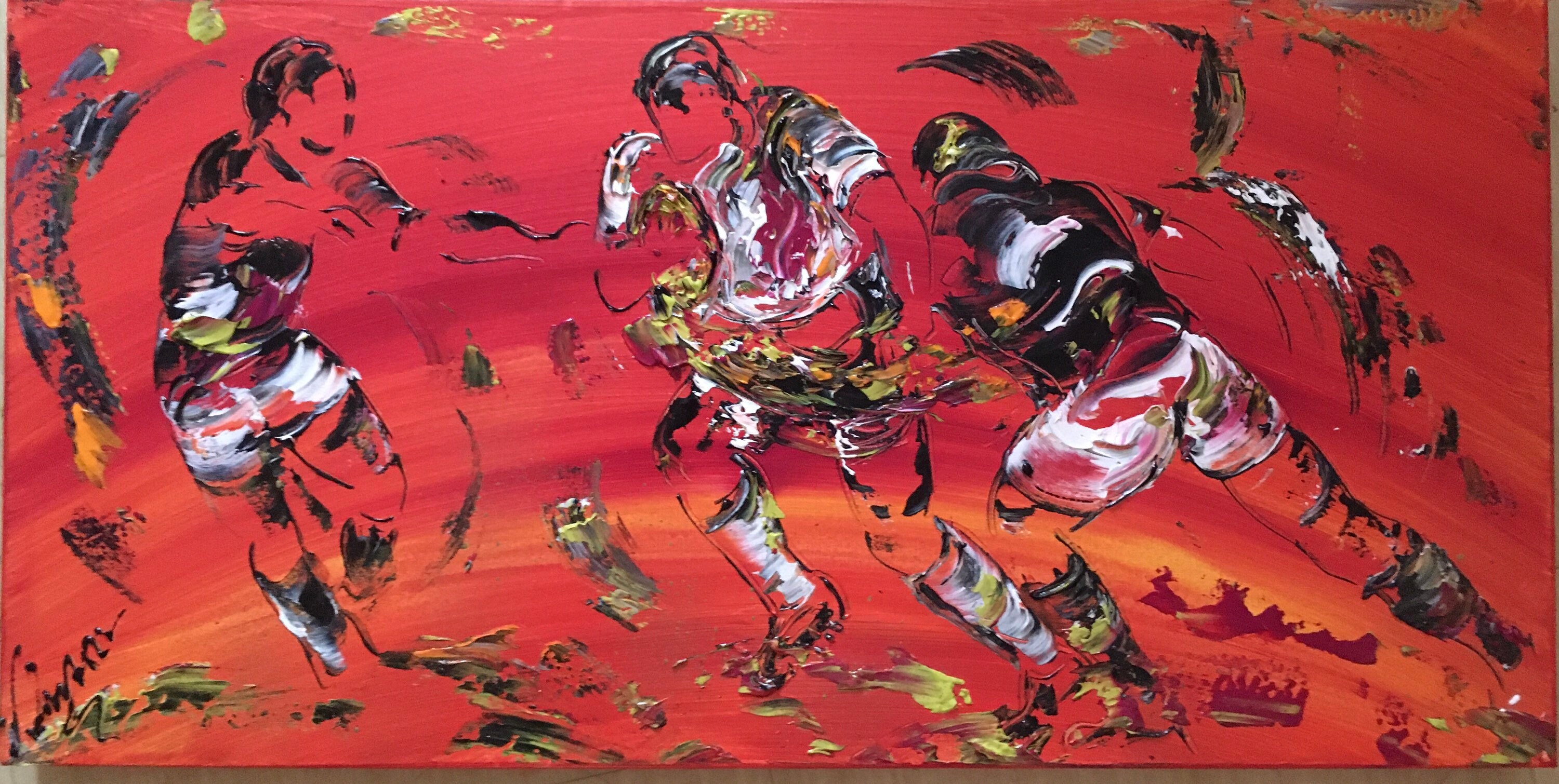 Toile, Tableau Peinture Rugby Sport 40x80cm V.linard, Œuvre Originale