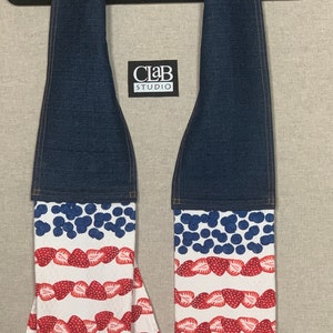 Berries and Dark wash Denim Sue’s Chef Scarf Kitchen boa style dish towel grilling gift and Hostess gift.