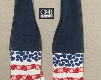 Berries and Dark wash Denim Sue’s Chef Scarf Kitchen boa style dish towel grilling gift and Hostess gift.