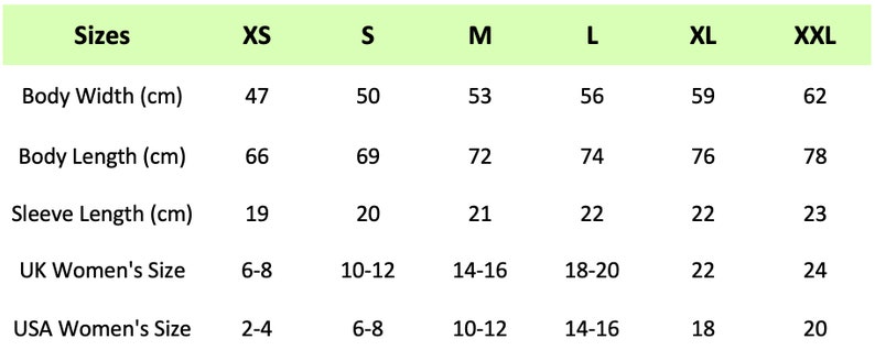 May include: Size chart for clothing with measurements in centimeters and corresponding UK and USA women's sizes. Sizes include XS, S, M, L, XL, and XXL. Measurements include body width, body length, and sleeve length.