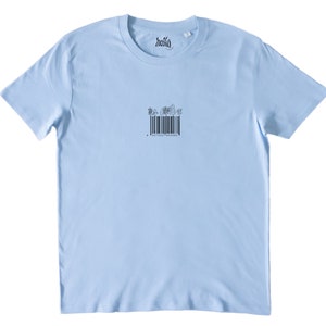 May include: A light blue t-shirt with a black barcode design featuring a floral pattern. The barcode has the text "4 811111 500004" printed below it.