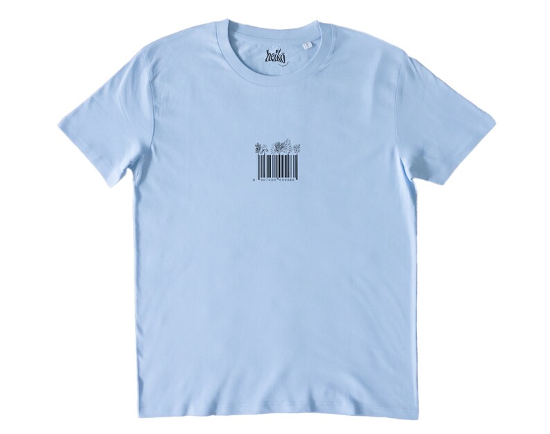 May include: A light blue t-shirt with a black barcode design featuring a floral pattern. The barcode has the text "4 811111 500004" printed below it.