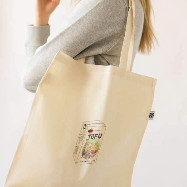 Heiko 'Tofu Time' / Vegano - Borsa tote in cotone certificato biologico al 100% / Alta qualità, sostenibile, commercio equo e solidale / 5 once