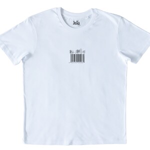May include: White t-shirt with a black barcode and the text "heiko" printed on the front.