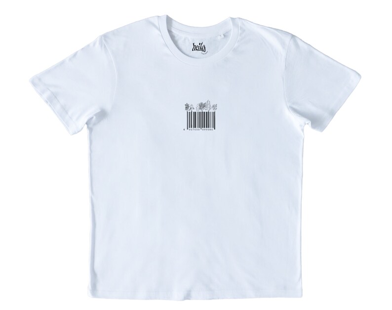 May include: White t-shirt with a black barcode and the text "heiko" printed on the front.