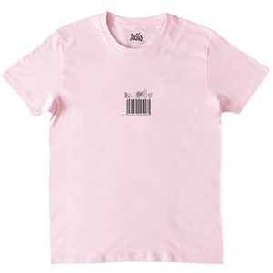 May include: A pink t-shirt with a black barcode design featuring a floral pattern. The barcode reads "#ProtectParadise".