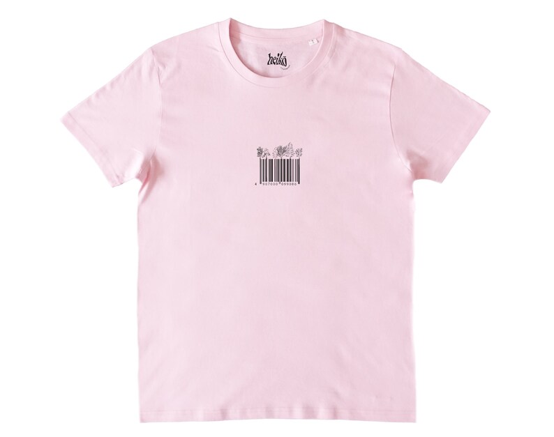 May include: A pink t-shirt with a black barcode design featuring a floral pattern. The barcode reads "#ProtectParadise".