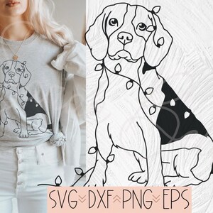 May include: A black and white line drawing of a beagle dog wearing a string of Christmas lights. The dog is sitting with its tail curled around its legs. The image is suitable for use as a digital download for crafting projects.