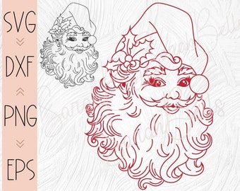 Vintage Santa Claus SVG PNG Clipart, Retro Santa Cut File, Christmas Santa Face Drawing, Holiday Silhouette Cricut Sublimation Clip Art