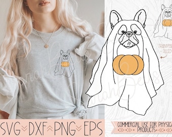 Frenchie French Bulldog Ghost Costume Trick or Treating SVG DXF, Hand Drawn Frenchie Halloween Printable PNG, Ghost Dog Digital Download