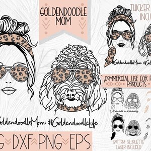 Goldendoodle Mom Clipart Digital Graphic and Cut Files, Doodle Breed Sublimation, Leopard Print Sunglasses Dog Messy Bun Mom Clip Art