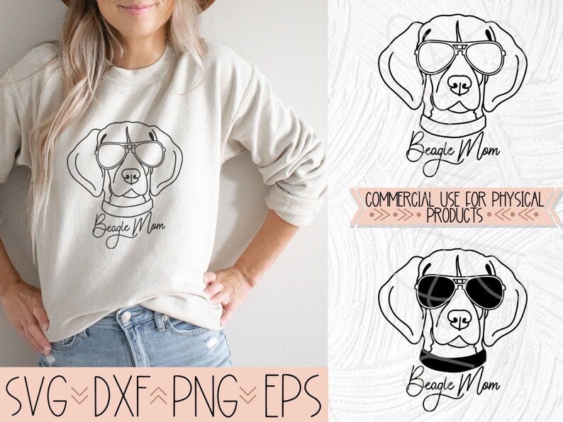 Op de afbeelding: Zwart-witte lijnillustratie van een Beagle-hond met een zonnebril en de tekst "Beagle Mom" eronder. De afbeelding is geschikt voor gebruik op fysieke producten.