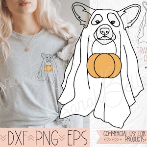 Corgi Ghost Costume Trick or Treating SVG DXF, Hand Drawn Corgi Halloween Printable PNG, Ghost Dog Digital Graphic Download
