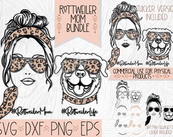 May include: Black and white line art illustration of a woman with a bun in her hair wearing sunglasses and a leopard print bandana. The woman is next to a Rottweiler dog wearing sunglasses and a leopard print bandana. The text "#Rottweiler Mom #Rottweilerlife" is below the image. The text "SVG DXF PNG EPS" is below the text. The text "THICKER VERSION INCLUDED" is in the top right corner of the image. The text "COMMERCIAL USE FOR PHYSICAL PRODUCTS" is below the text "#Rottweiler Mom #Rottweilerlife". The text "BOTTOM SILHOUETTE LAYER INCLUDED" is in the bottom right corner of the image.