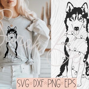 Husky Holiday Lights SVG, Siberian Husky Clipart, Husky Dog Christmas Design, Husky Holiday SVG