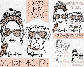Boxer Dog Matching Boxer Mom Leopard Print SVG, Boxer Dog Mom Messy Bun Dxf, Boxer Clipart, Boxer Dog Sublimation Design