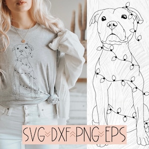 May include: Line art illustration of a dog wearing Christmas lights. The dog is sitting with its head tilted up and its tail curled around its legs. The illustration is in black and white.