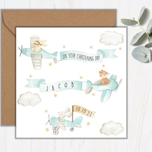 Biglietto di battesimo personalizzato/battesimo/giorno del nome/biglietto per bambini/animali in aereo/ricordo