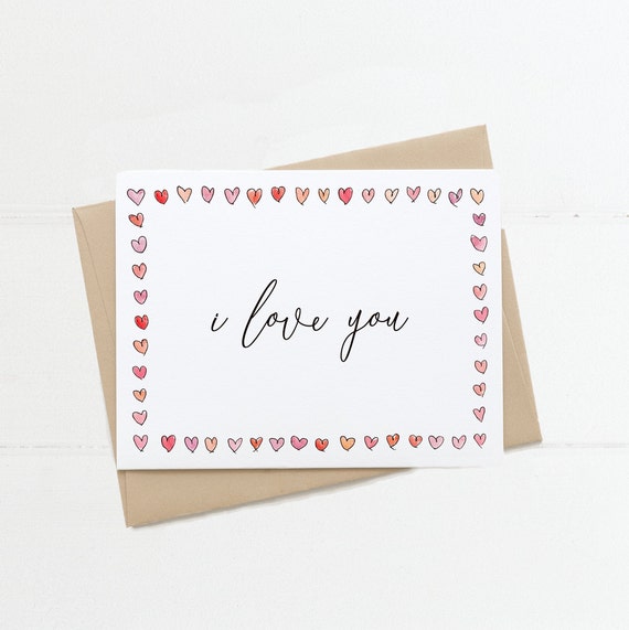 I Love You Greeting Card With Watercolor Heart Border - Etsy