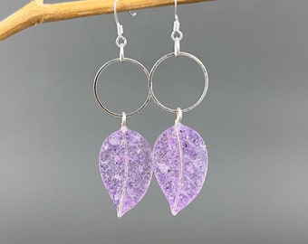Amethyst Sand Orgonite Leaf Earrings - Silver