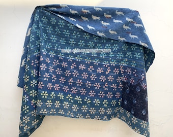Indigo Kantha Quilt Handstitched Quilt Reversible Kantha Throw Indian Ralli Quilt Boho Antique Cotton Quilt Handmade Twin Kantha Blanket