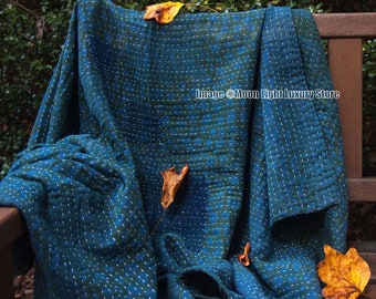 Indigo Kantha Quilt Handmade Throw Hand Stitched Cotton Blanket Kantha Bedspread Reversible Quilt Bedcover Twin Assorted Boho Blanket
