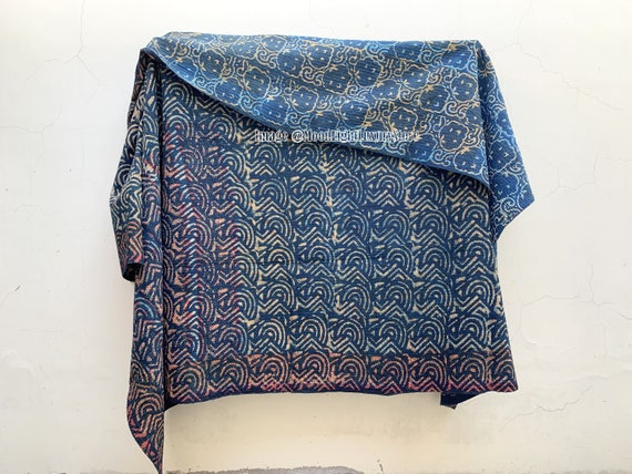 Indigo Kantha Quilt Handstitched Quilt Reversible Kantha Throw Indian Ralli Quilt Boho Antique Cotton Quilt Handmade Twin Kantha Blanket