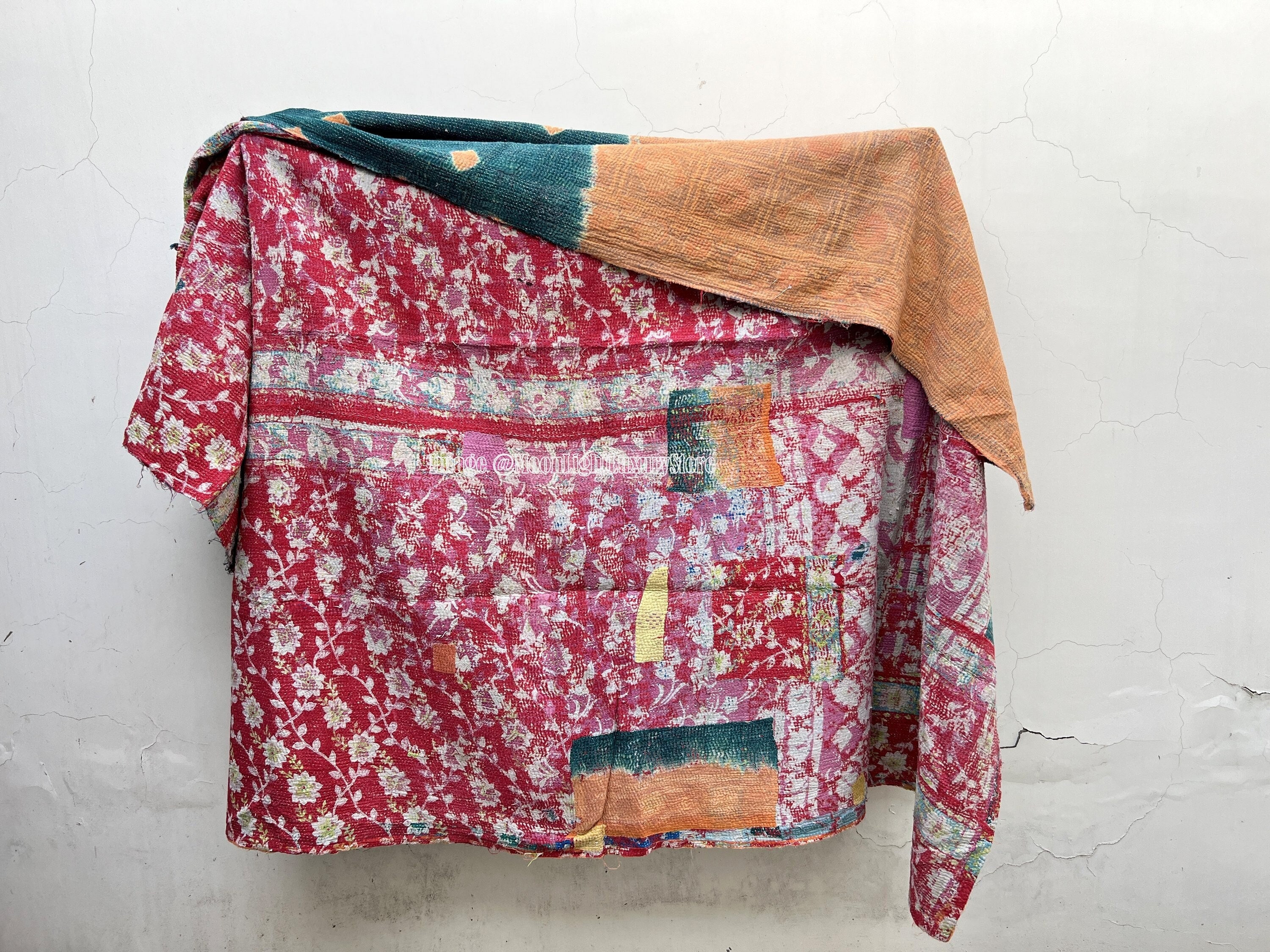 Handmade Indian Kantha Quilt - Twin Size Cotton Throw Blanket Vintage Floral Bedspread