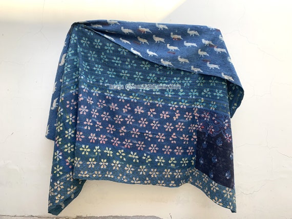 Indigo Kantha Quilt Handstitched Quilt Reversible Kantha Throw Indian Ralli Quilt Boho Antique Cotton Quilt Handmade Twin Kantha Blanket