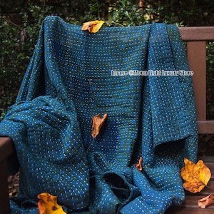 Indigo Kantha Quilt Handmade Throw Hand Stitched Cotton Blanket Kantha Bedspread Reversible Quilt Bedcover Twin Assorted Boho Blanket