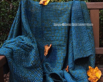 Indigo Kantha Quilt Handmade Throw Hand Stitched Cotton Blanket Kantha Bedspread Reversible Quilt Bedcover Twin Assorted Boho Blanket