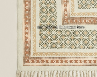 May include: A white cotton rug with a geometric pattern in shades of green, brown, and beige. The rug has a fringe border.