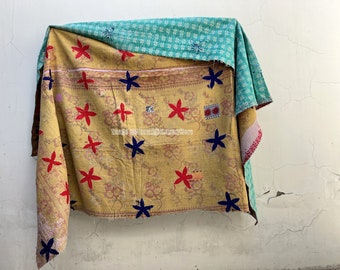 Nakshi Kantha Quilt Handmade Throw Hand Stitched Cotton Blanket Kantha Bedspread Reversible Vintage Quilt Bedcover Twin Indian Boho Blanket