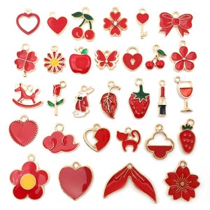 Bulk Wholesale Lot Assorted Style Multicolor Gold Enamel Charms for DIY Bracelet Necklace Handmade Jewelry Making Accessories Red (30pcs)