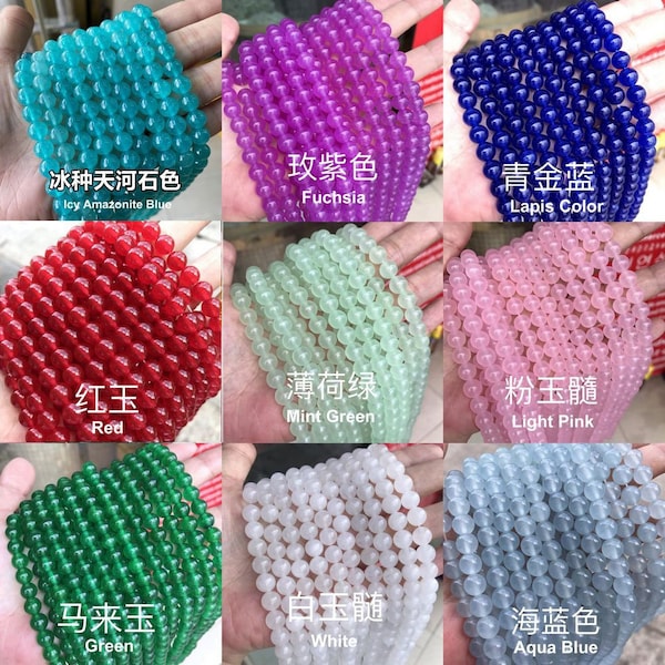 Assorted Color 1 Full Strand 15.5" Loose Round Semi Precious Smooth Jade Chalcedony Stone Gemstone Beads for Jewelry Making 4/6/8/10/12mm