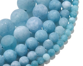 1 Full Strand 15.5" Loose Round Semi Precious Stone Created Matte Blue Aquamarine Gemstone Beads for Jewelry Making 4mm 6mm 8mm 10mm 12mm