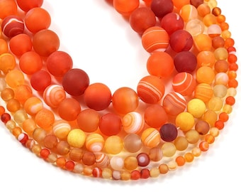1 Full Strand 15.5" Natural Loose Round Semi Precious Matte Orange Banded Lace Agate Gemstone Beads for DIY Jewelry Making 4mm 6mm 8mm 10mm