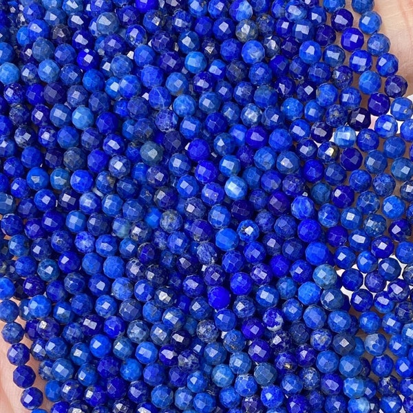 1 Full Strand 2/3/4mm Small Natural Loose Polished Micro Round Faceted Blue Lapis Lazuli Gemstone Seed Stone Beads for Jewelry Making 15.5"